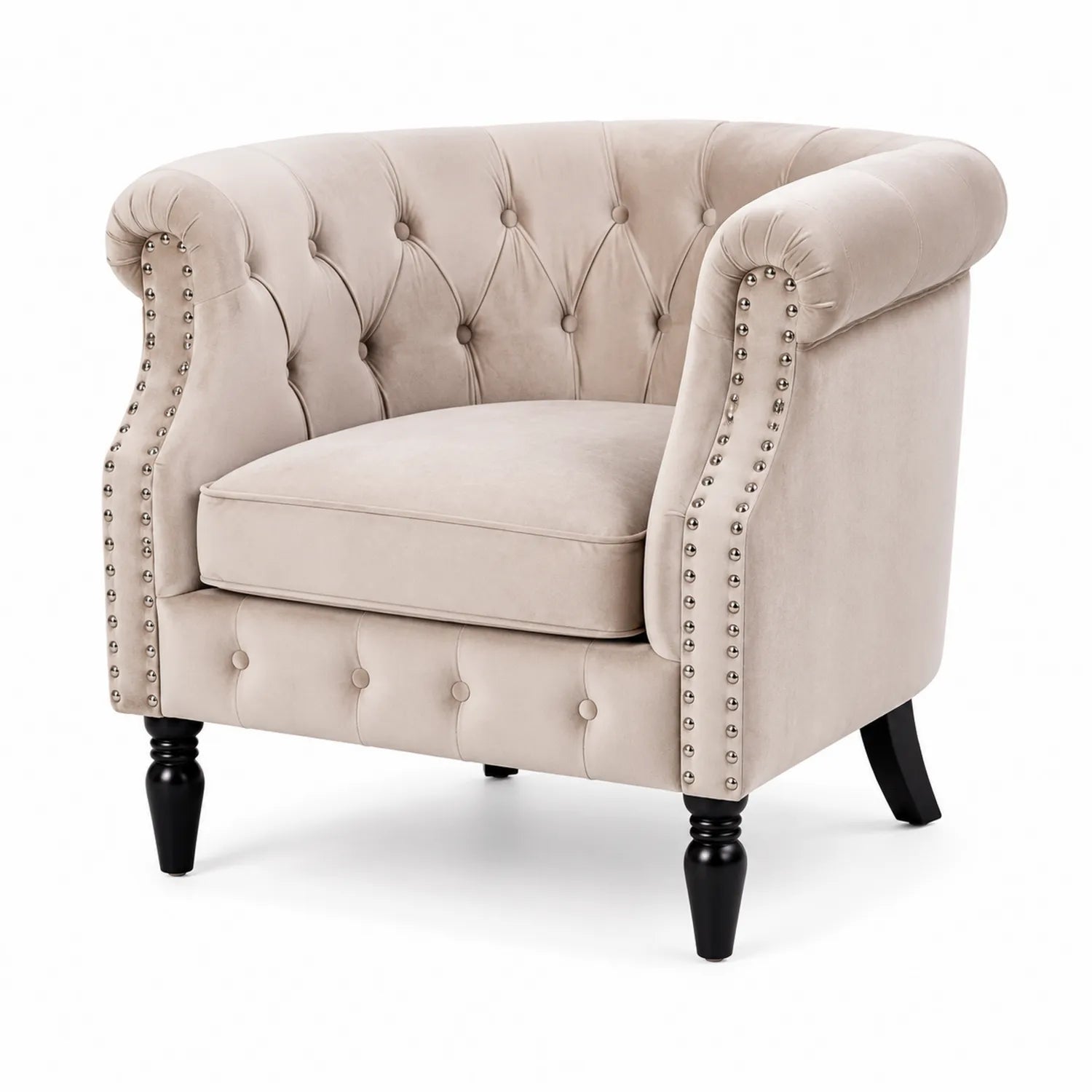Chesterfield Samt Sessel mit Holzbeinen Beige