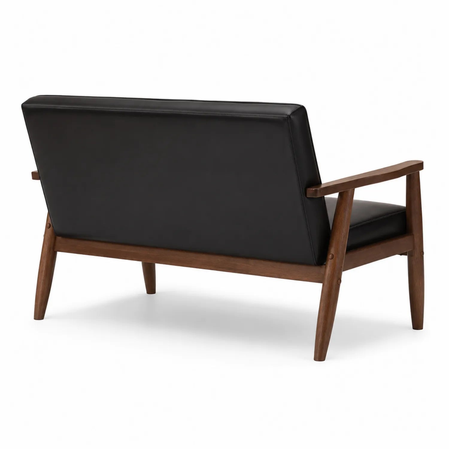 2-Sitzer Sofa mit Walnussholz und schwarzem PU-Leder