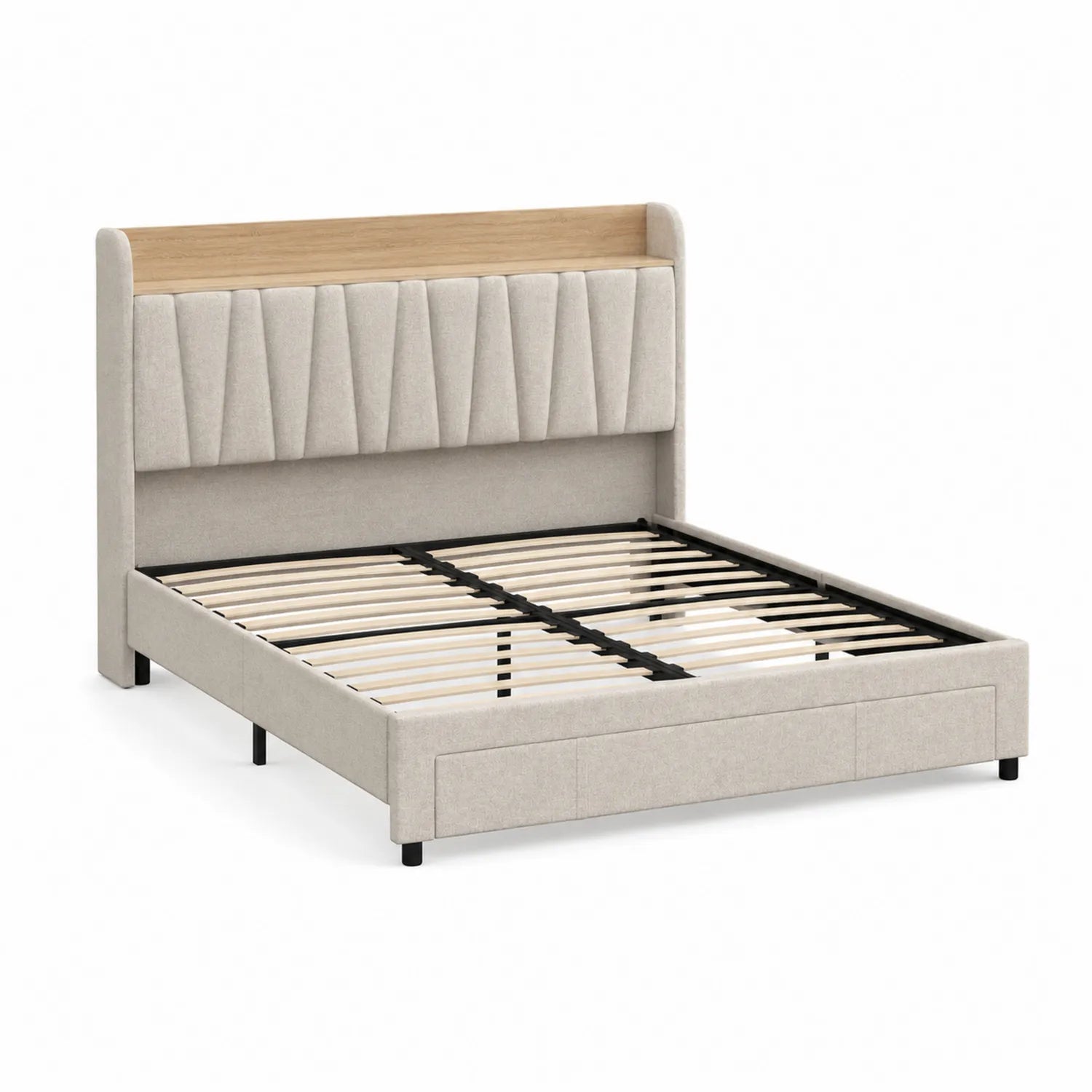 Polsterbett mit Kopfteil und Lattenrost 200x160 cm aus Stoff und Holz in Beige