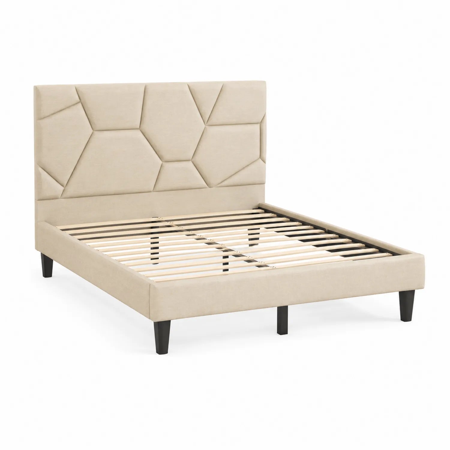 Bettgestell mit geometrischem Kopfteil aus Holz und Polyester Beige 200x160 cm