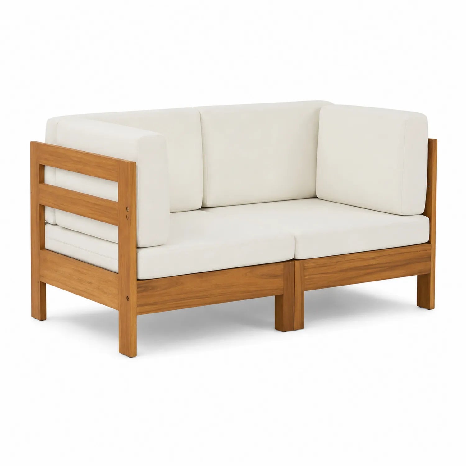 2-Sitzer Sofa aus Teakholz mit Cremeweißen Kissen