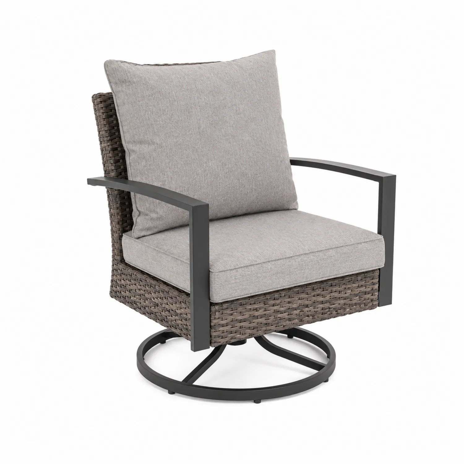 Rattan-Drehsessel mit Stahlrahmen und Polyesterkissen, Grau