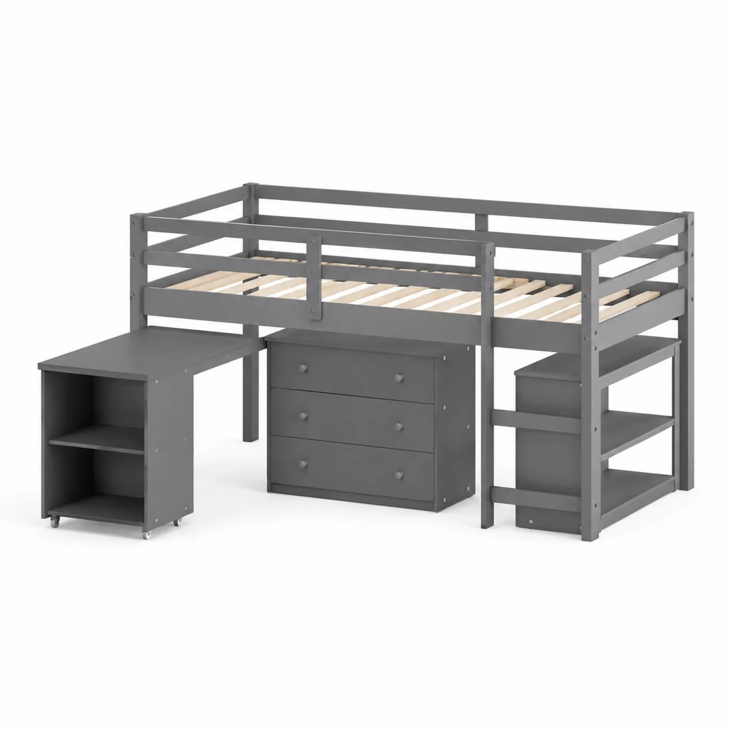 Kinder Hochbett mit Schreibtisch und Stauraum, Holz, Grau