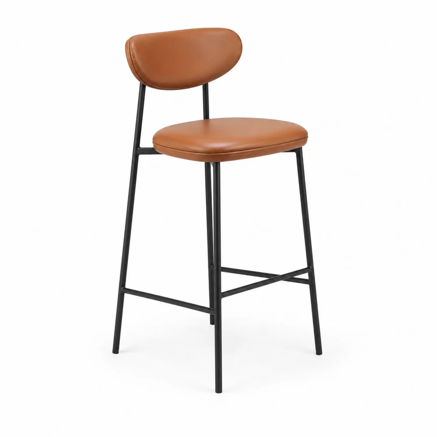 Barhocker mit schwarzem Metallrahmen und braunem PU-Ledersitz