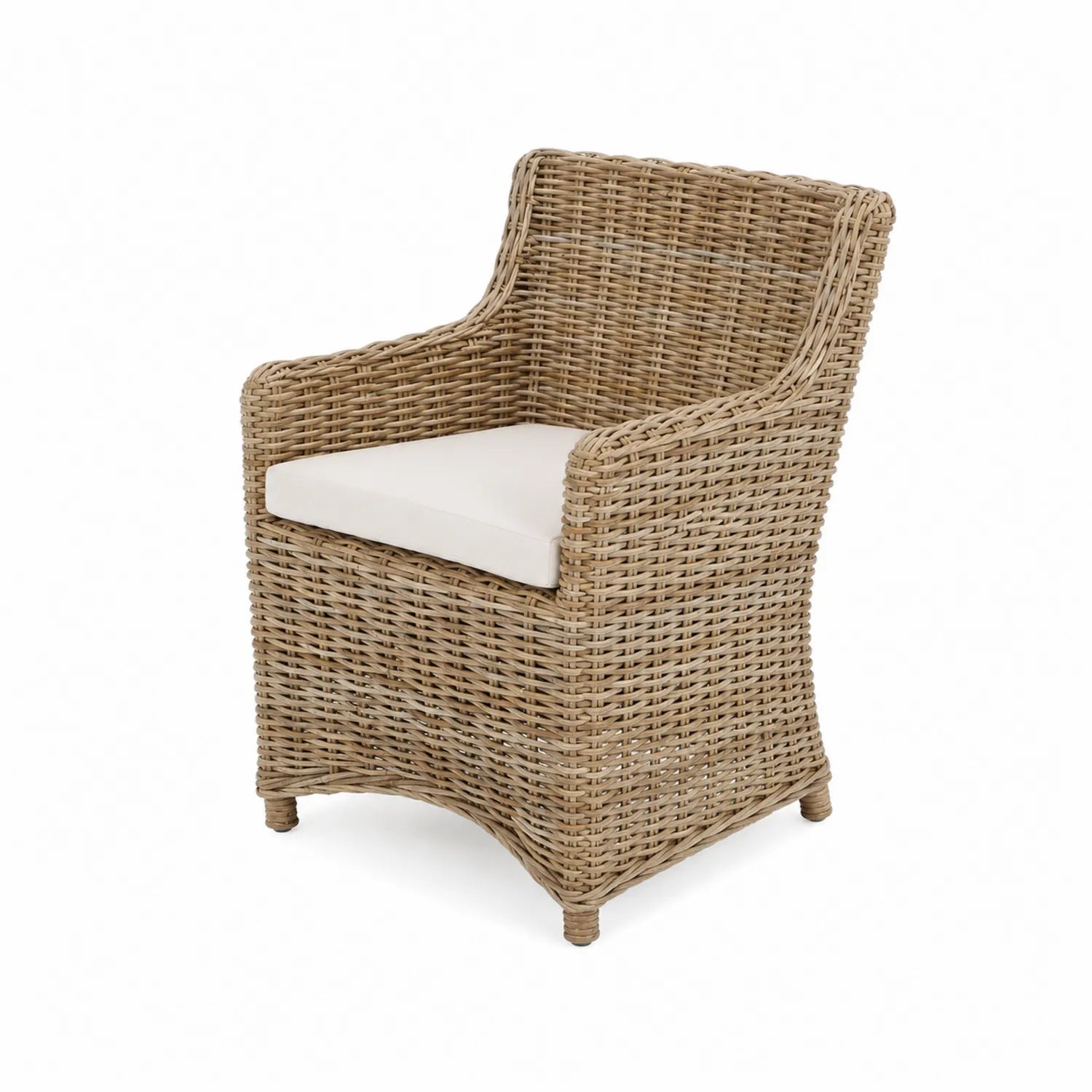 Rattan Stuhl mit Armlehnen und Baumwollkissen Beige